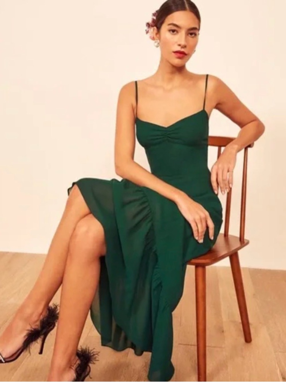 Reformation “Emersyn” Elegant Dark Green Spaghetti Strap Midi Dress